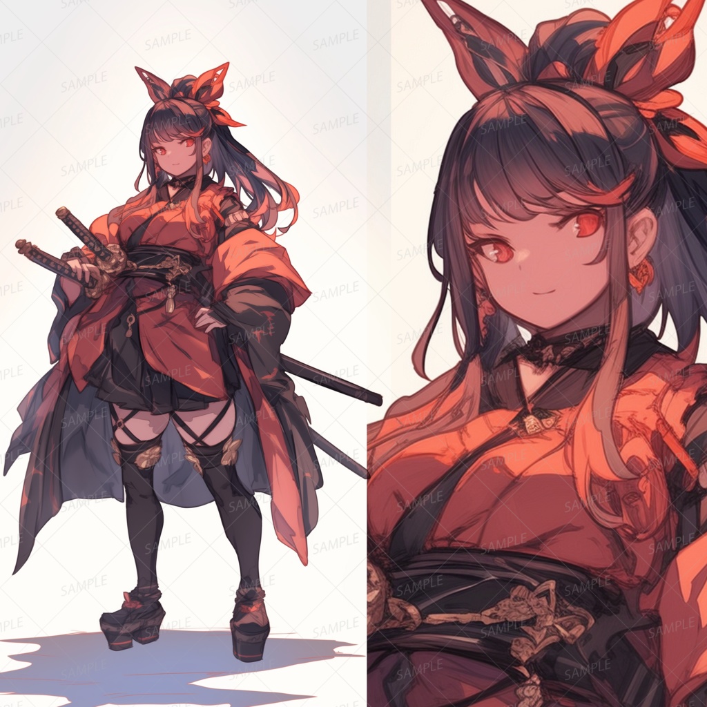 【和風】二振りの刀を携えたリボンの黒髪少女_立ち絵