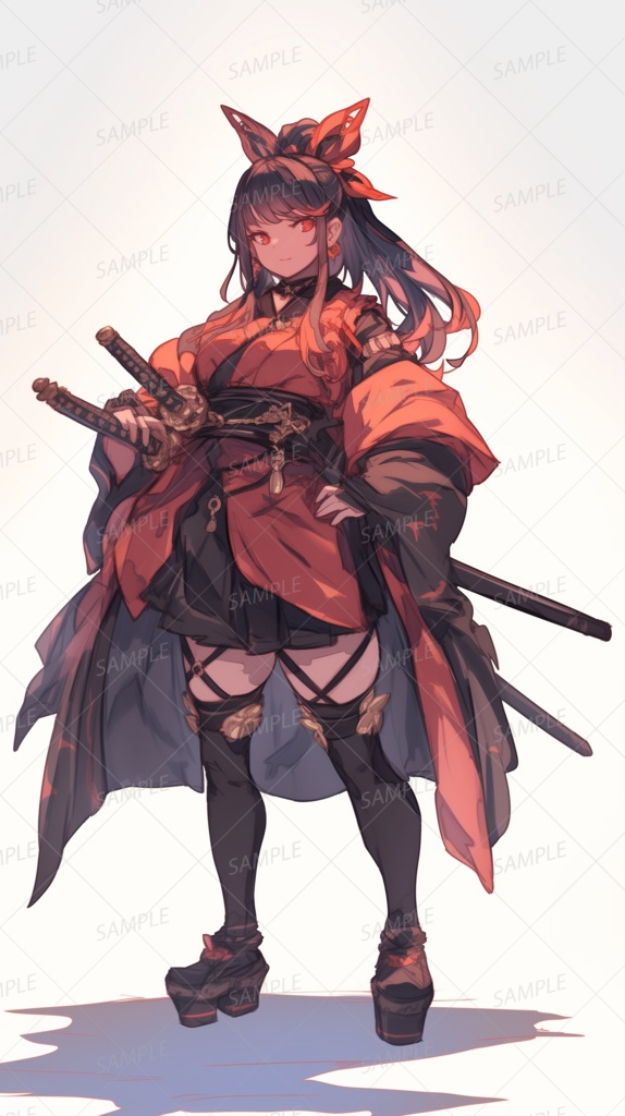 【和風】二振りの刀を携えたリボンの黒髪少女_立ち絵