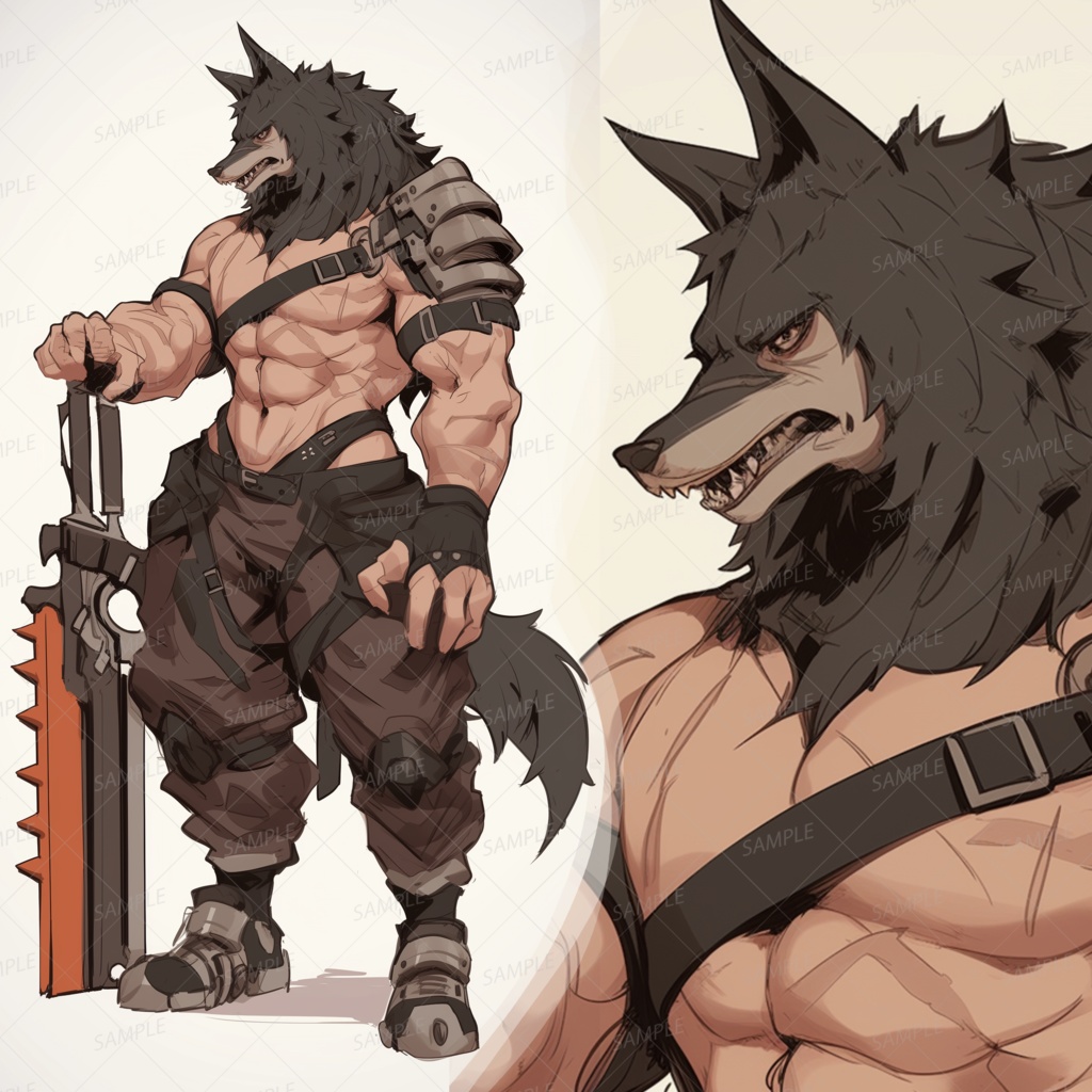 【獣人】巨大なチェーンブレードを持つ狼の剣闘士_立ち絵