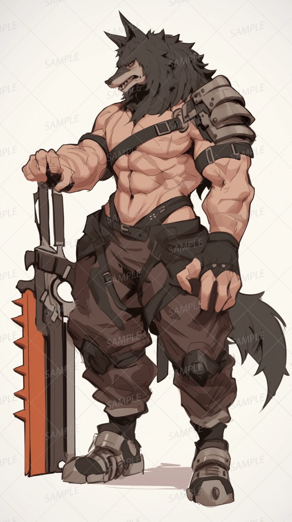 【獣人】巨大なチェーンブレードを持つ狼の剣闘士_立ち絵