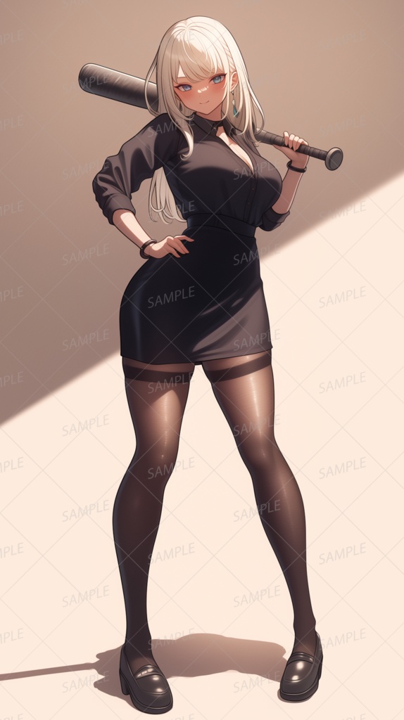 【私服】バットを片手に微笑む黒衣の女性_立ち絵