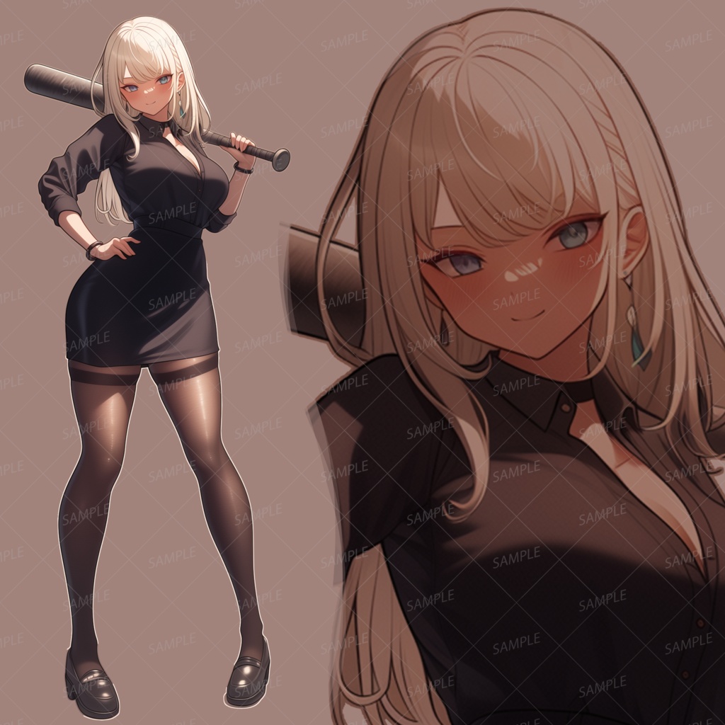 【私服】バットを片手に微笑む黒衣の女性_立ち絵