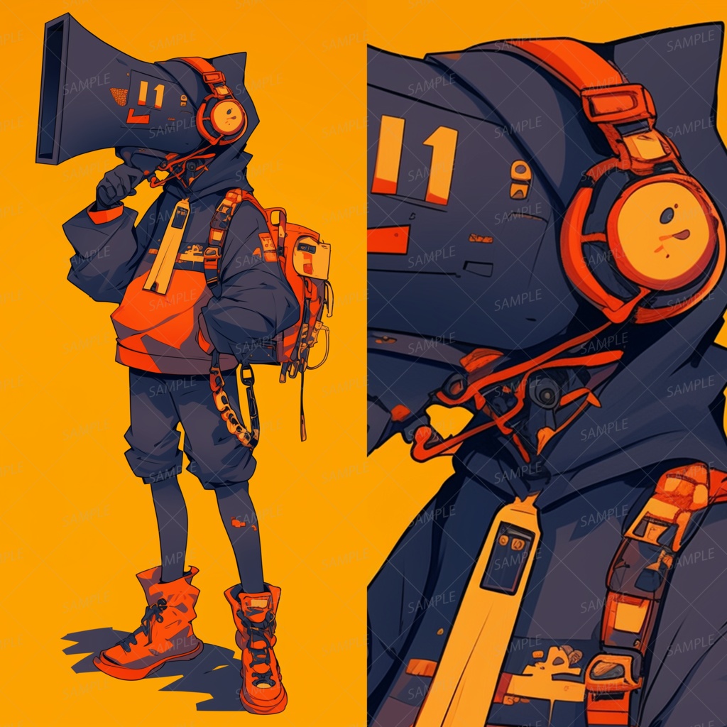 【メカ】オレンジのパーカーを着たスピーカーマン_立ち絵