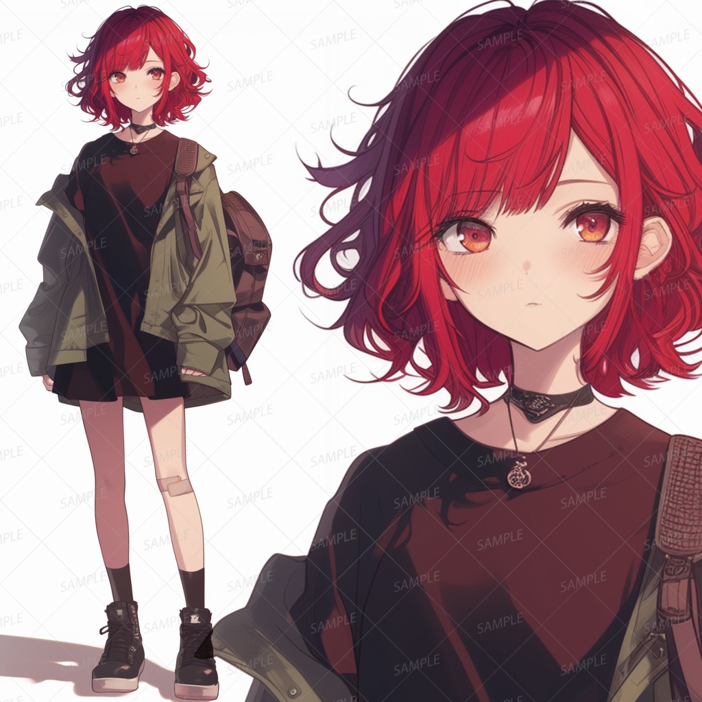 【私服】黒ワンピと軍ジャケットの赤髪少女_立ち絵