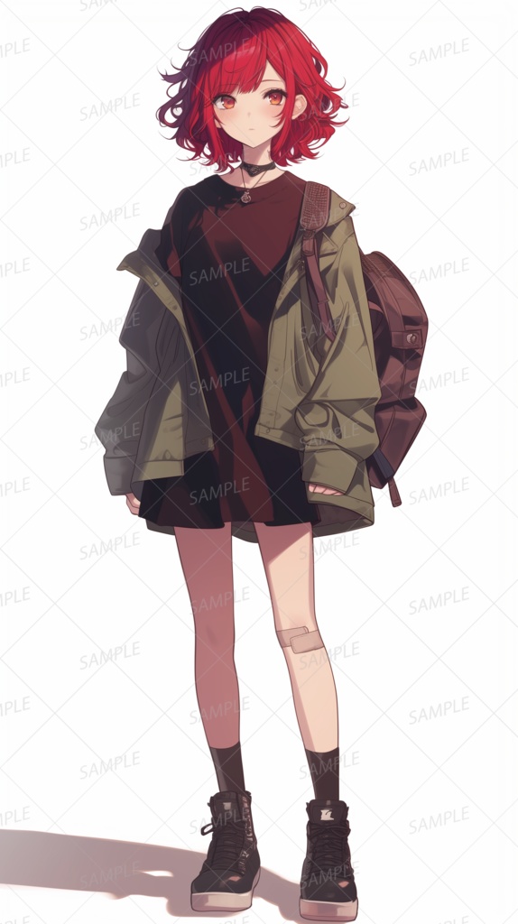 【私服】黒ワンピと軍ジャケットの赤髪少女_立ち絵