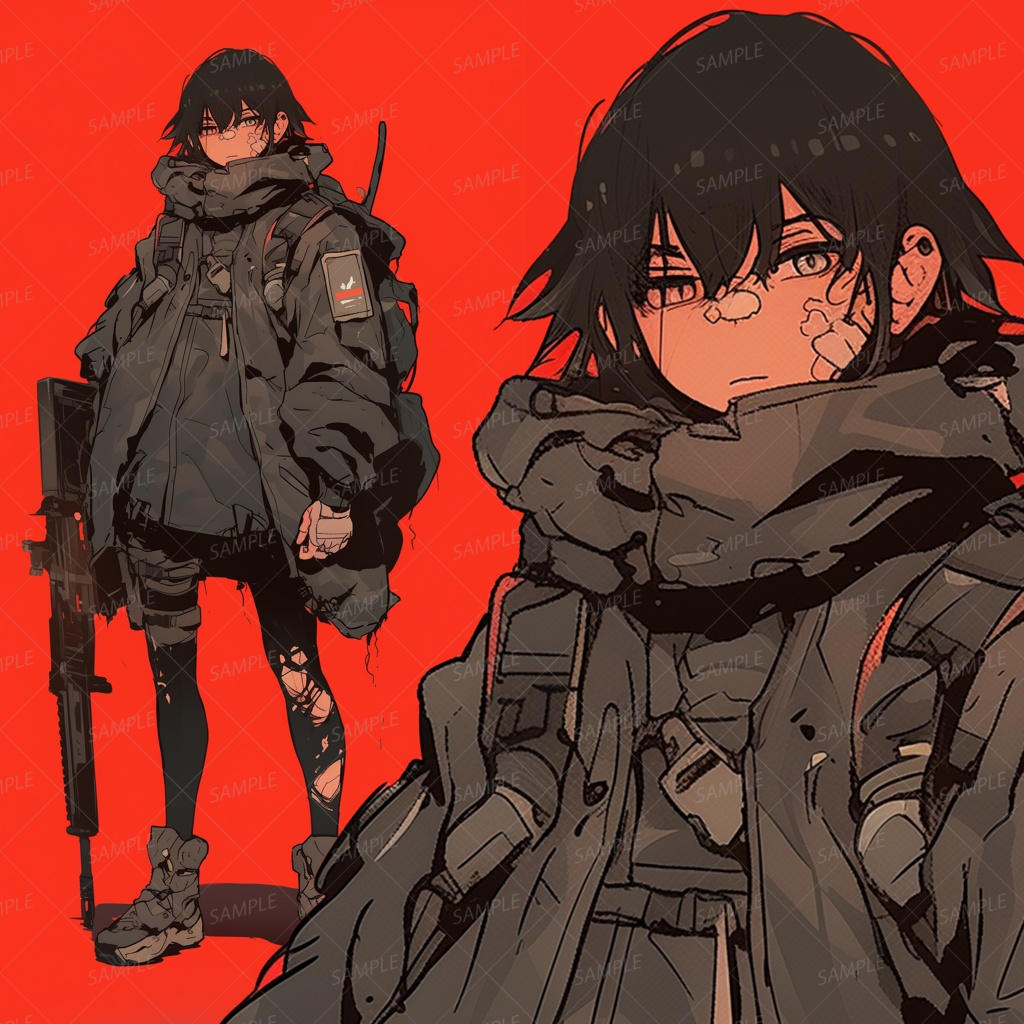 【ファンタジー】戦闘服の銃を持つ黒髪少女_立ち絵