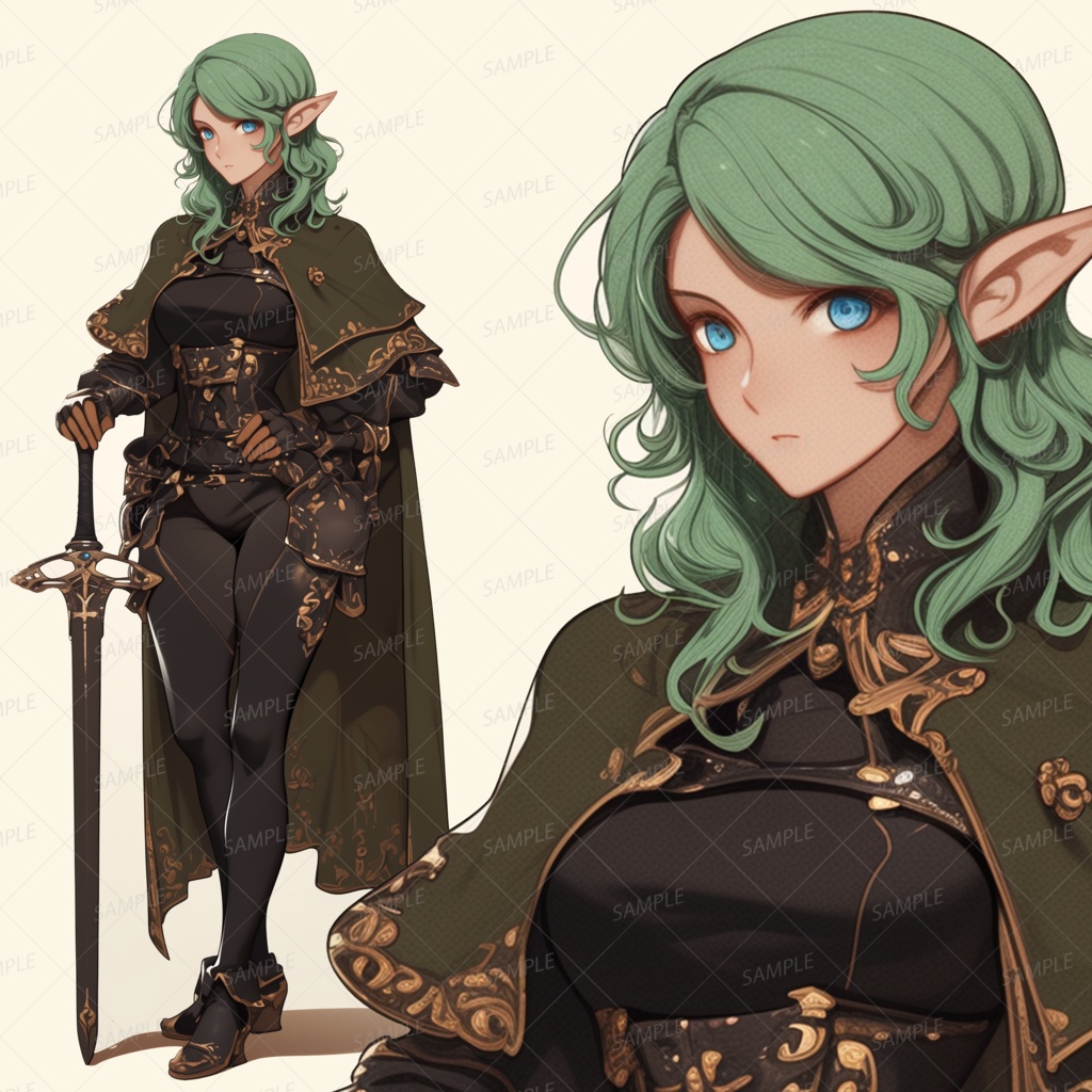 【ファンタジー】黒いマントの緑髪エルフの女性騎士_立ち絵