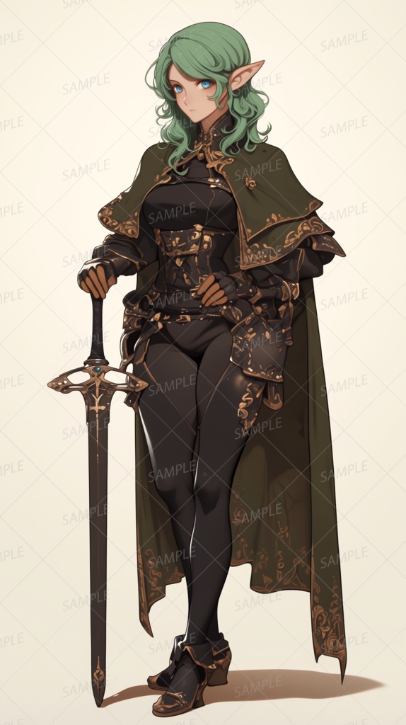 【ファンタジー】黒いマントの緑髪エルフの女性騎士_立ち絵