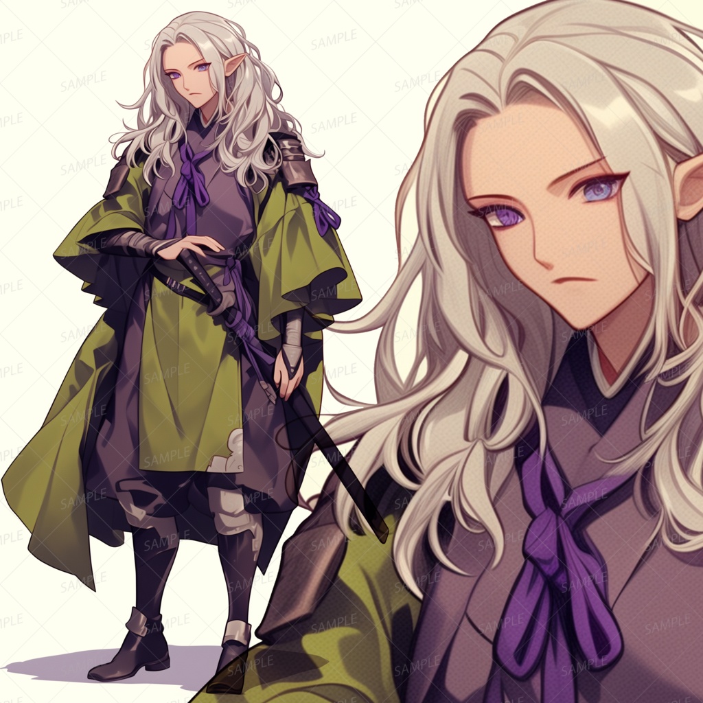 【ファンタジー】刀を装備した長い銀髪のエルフ_立ち絵