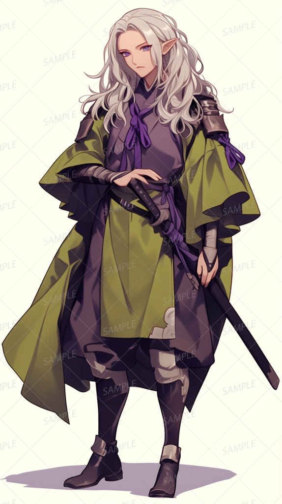 【ファンタジー】刀を装備した長い銀髪のエルフ_立ち絵