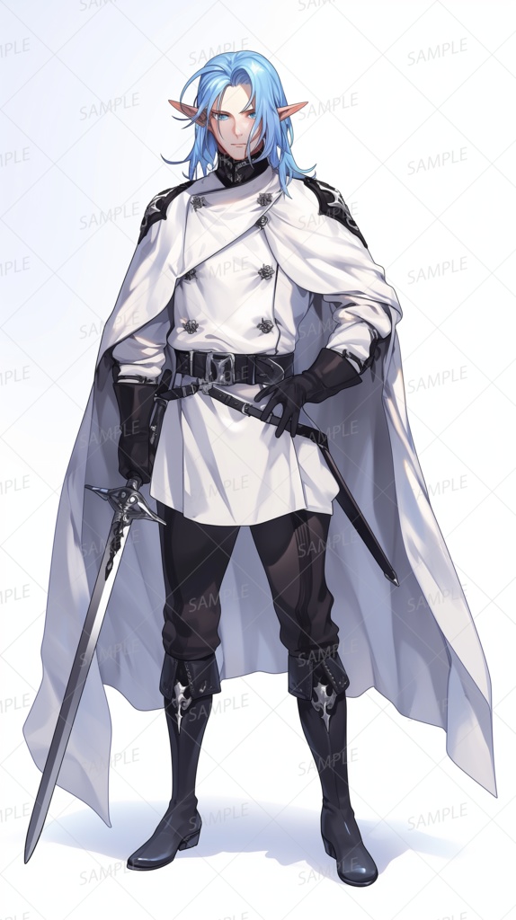 【ファンタジー】白の軍服の青髪エルフ戦士_立ち絵