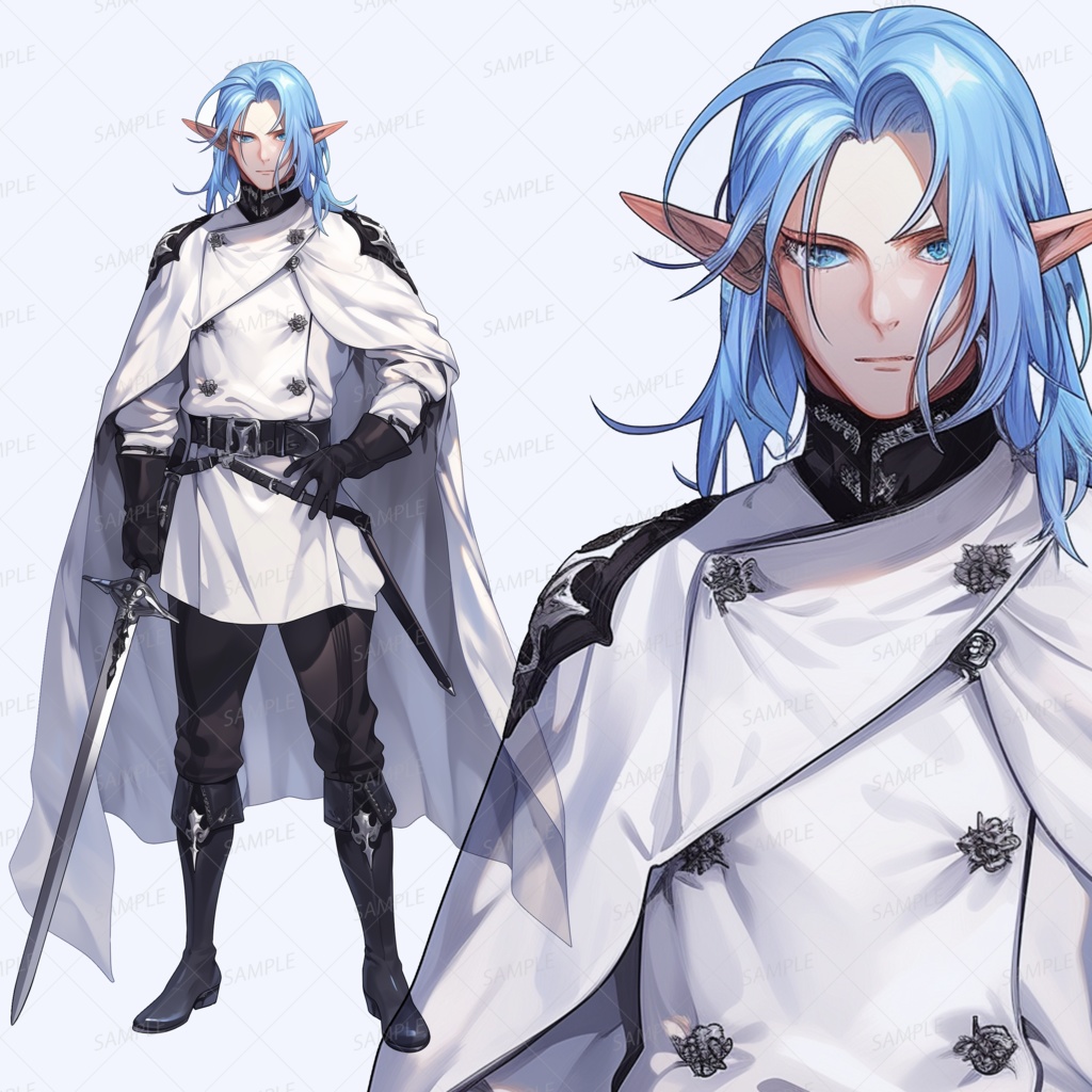 【ファンタジー】白の軍服の青髪エルフ戦士_立ち絵