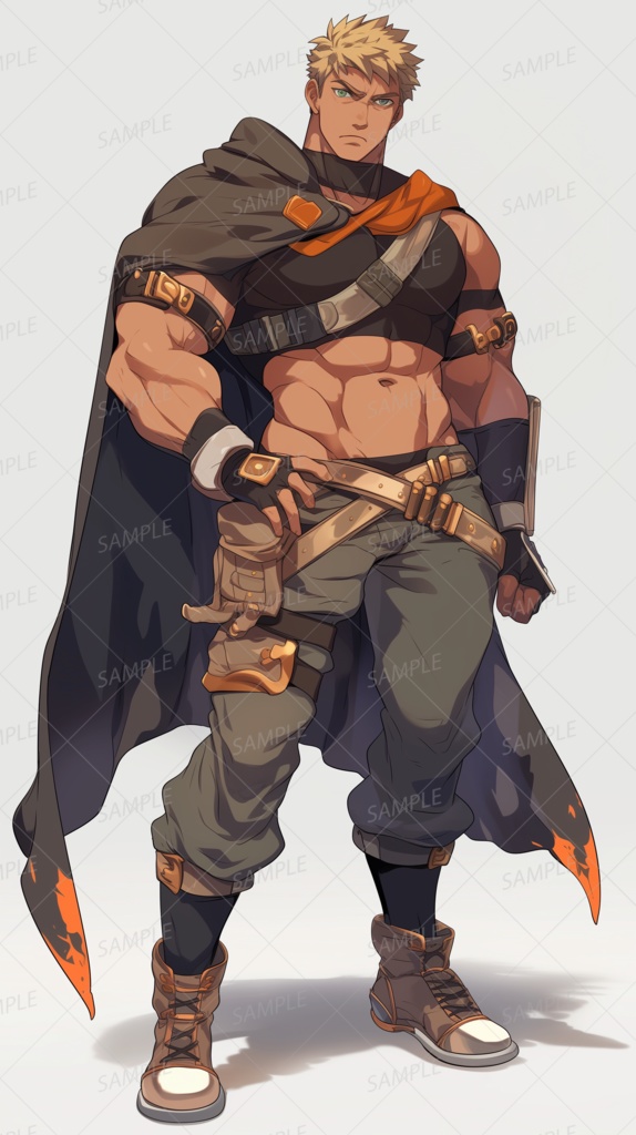 【ファンタジー】黒いマントの筋肉質な金髪の褐色男性_立ち絵