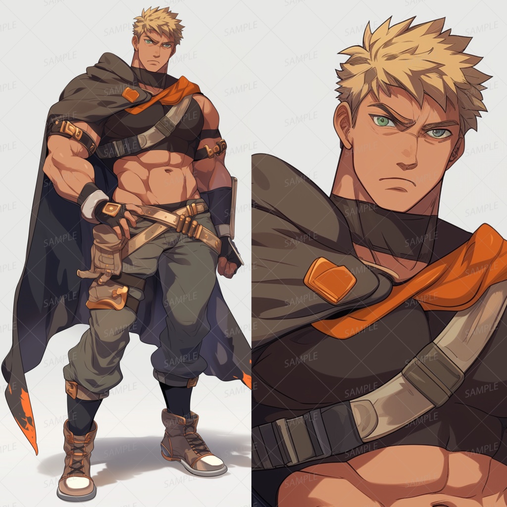 【ファンタジー】黒いマントの筋肉質な金髪の褐色男性_立ち絵