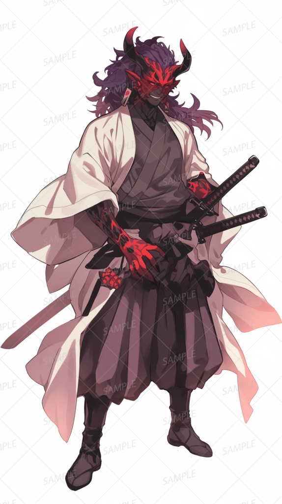 【和風】赤い面をかぶった鬼武者_立ち絵