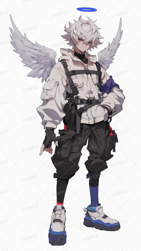 【ファンタジー】青い光輪と白い翼の白髪少年_立ち絵