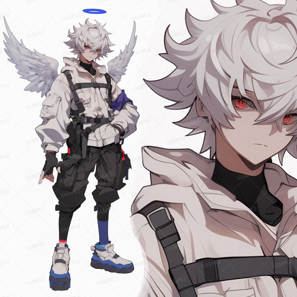 【ファンタジー】青い光輪と白い翼の白髪少年_立ち絵