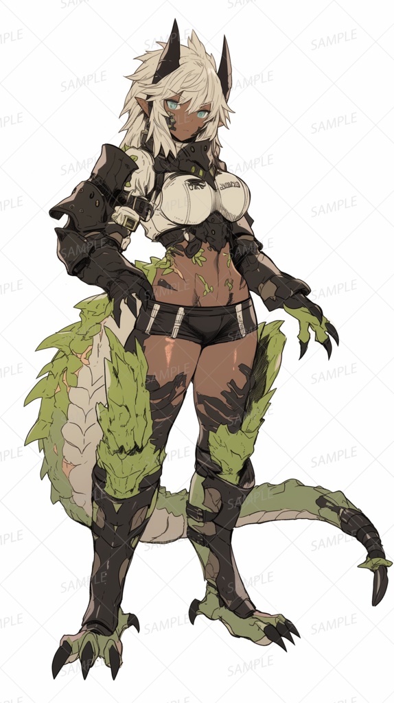 【獣人】爬虫類のような獣脚の褐色の肌な白髪女性_立ち絵