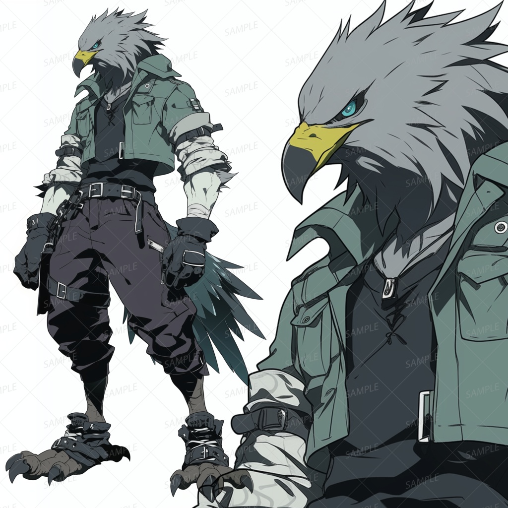 【獣人】鷲の頭に緑色のジャケットの鳥人_立ち絵