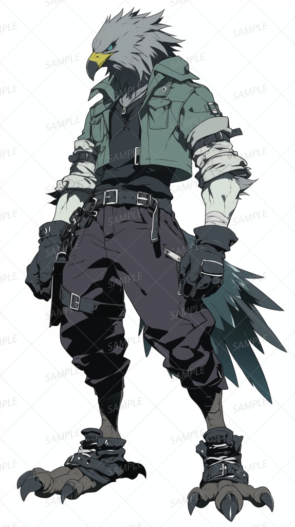 【獣人】鷲の頭に緑色のジャケットの鳥人_立ち絵