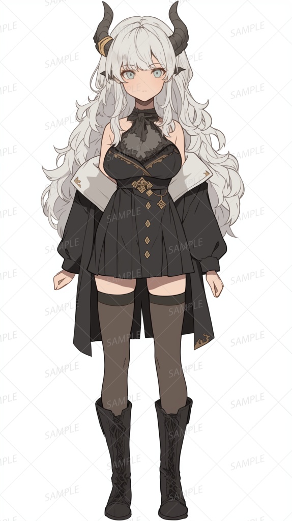 【獣人】黒い大きな角のウェーブ白髪少女_立ち絵