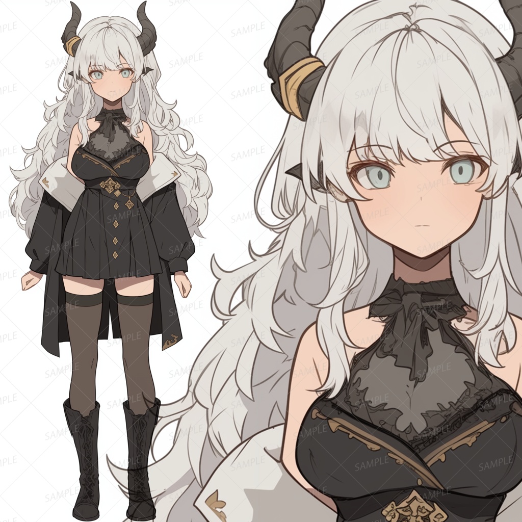 【獣人】黒い大きな角のウェーブ白髪少女_立ち絵