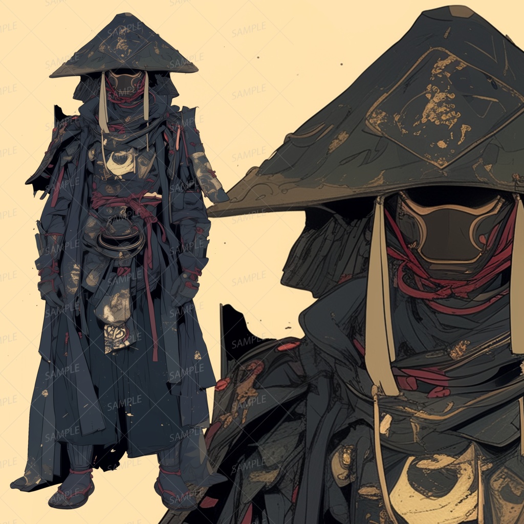 【和風】黒い編笠と装束の武人_立ち絵