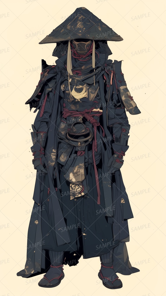 【和風】黒い編笠と装束の武人_立ち絵