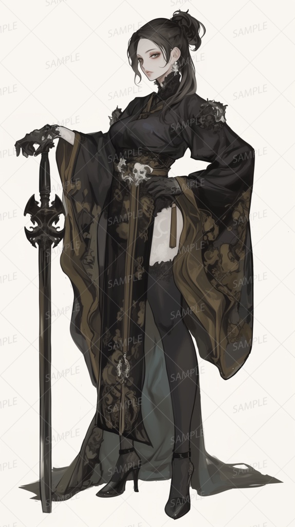 【和風】和風ドレスの黒髪女性剣士_立ち絵