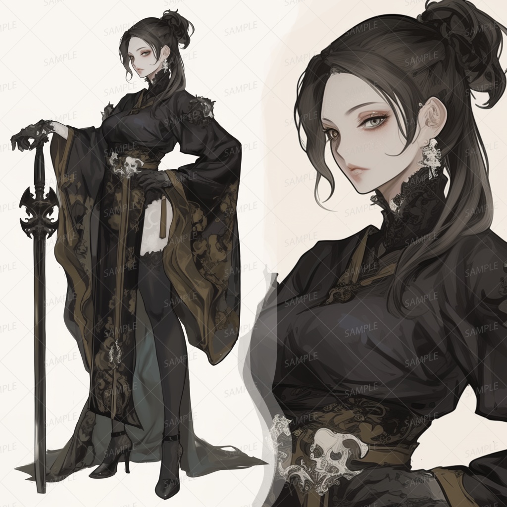 【ファンタジー】和風ドレスの黒髪女性剣士_立ち絵