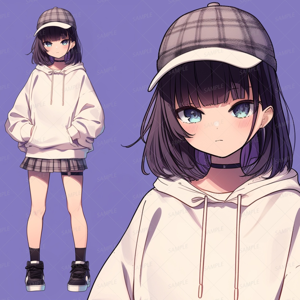 【私服】チェック柄キャップをかぶった黒髪ボブの少女_立ち絵