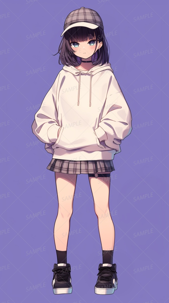 【私服】チェック柄キャップをかぶった黒髪ボブの少女_立ち絵