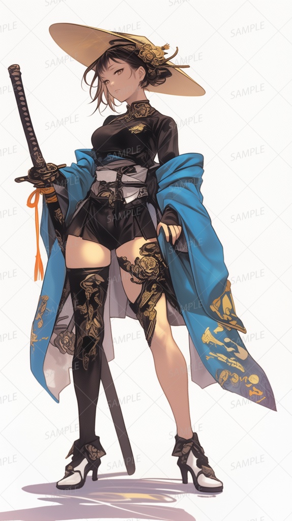 【和風】和傘帽と刀を携えた女性武人_立ち絵