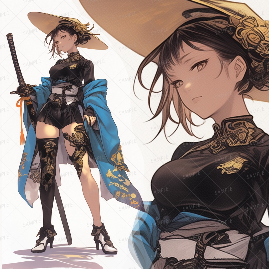【和風】和傘帽と刀を携えた女性武人_立ち絵