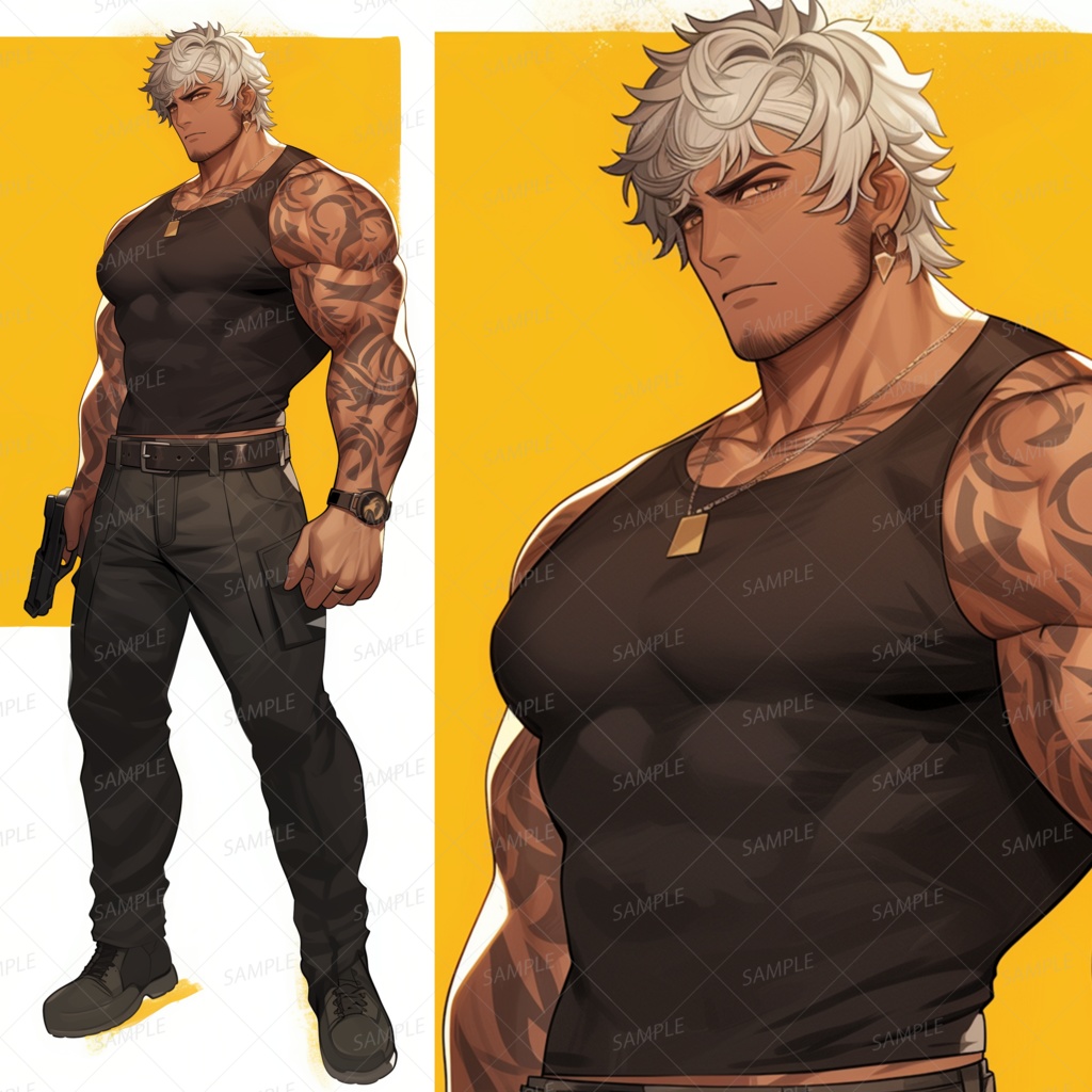 【仕事】銃を手にタンクトップ姿で構える男性_立ち絵