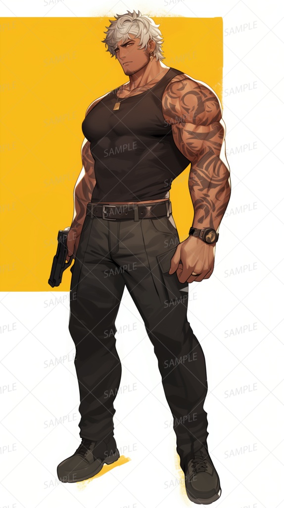 【仕事】銃を手にタンクトップ姿で構える男性_立ち絵