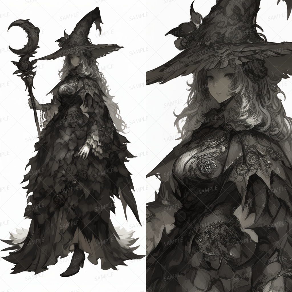 【ファンタジー】月の杖をかざす漆黒の魔女_立ち絵