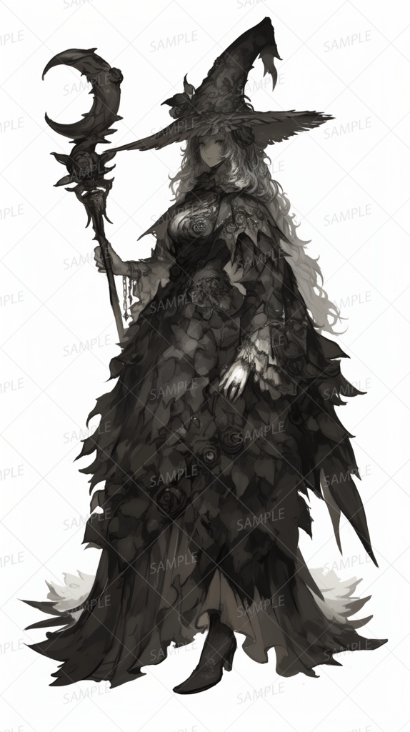 【ファンタジー】月の杖をかざす漆黒の魔女_立ち絵