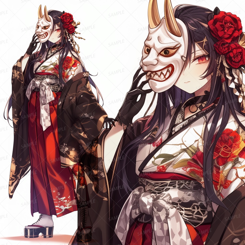 【ファンタジー】能面を掲げる黒髪和装少女_立ち絵