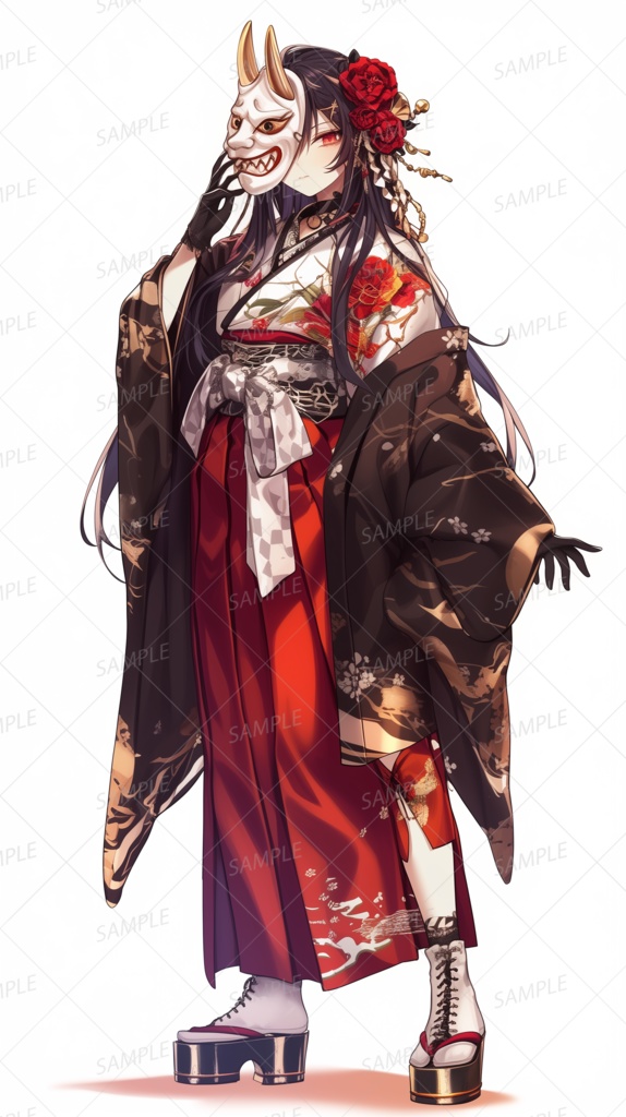 【和風】能面を掲げる黒髪和装少女_立ち絵