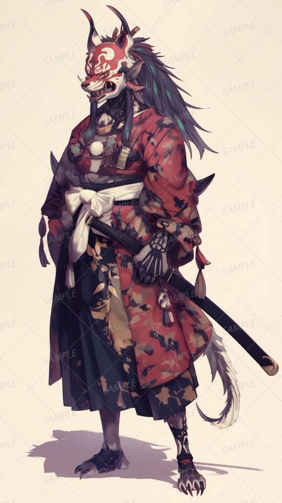 【和風】赤い狐面と花柄羽織の武者_立ち絵