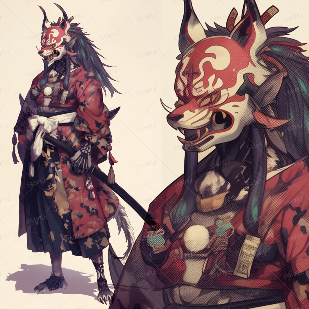 【獣人】赤い狐面と花柄羽織の武者_立ち絵