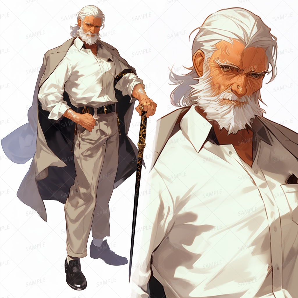 【ファンタジー】杖剣を携える白髪の老紳士_立ち絵