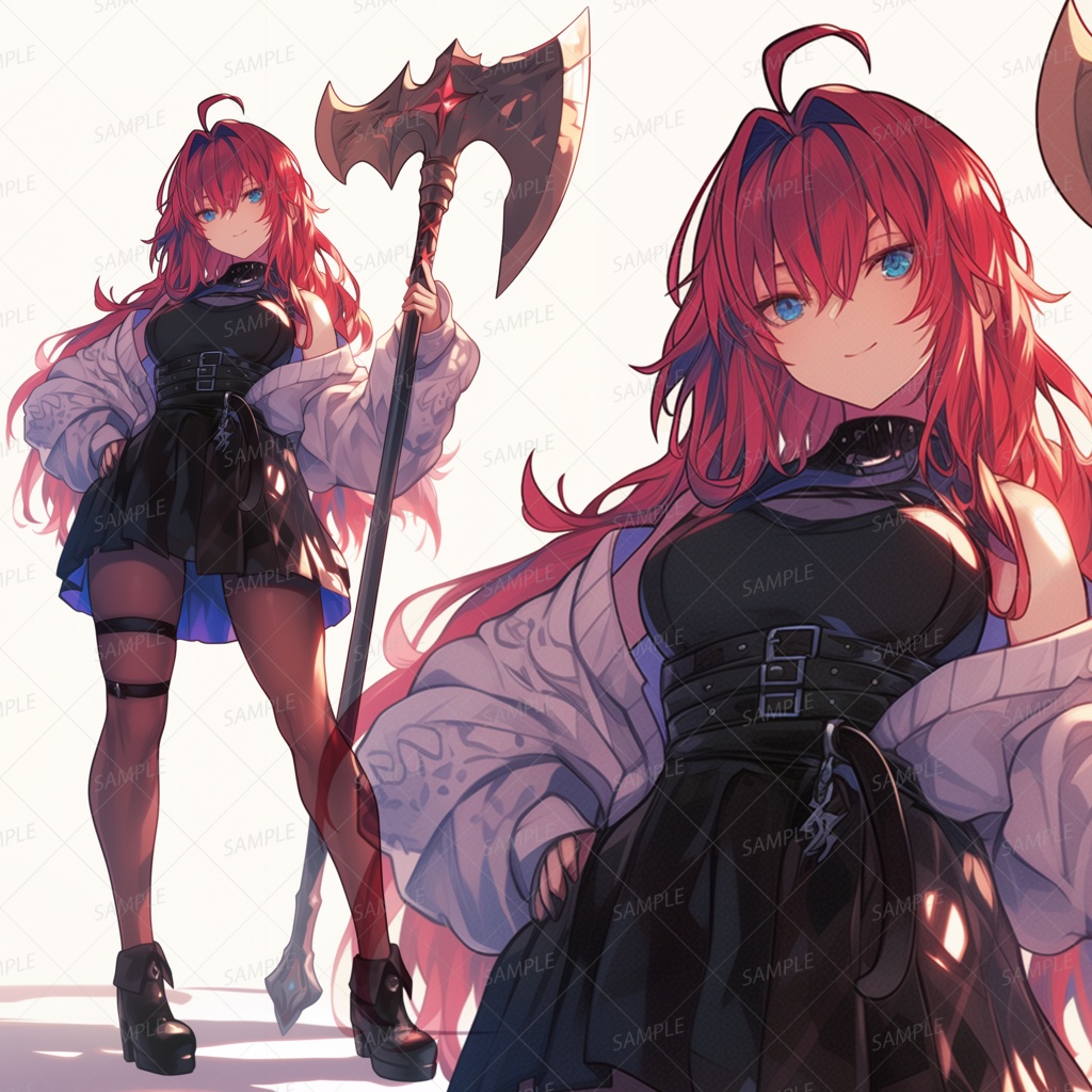 【ファンタジー】大斧を携え余裕の表情の赤髪少女_立ち絵