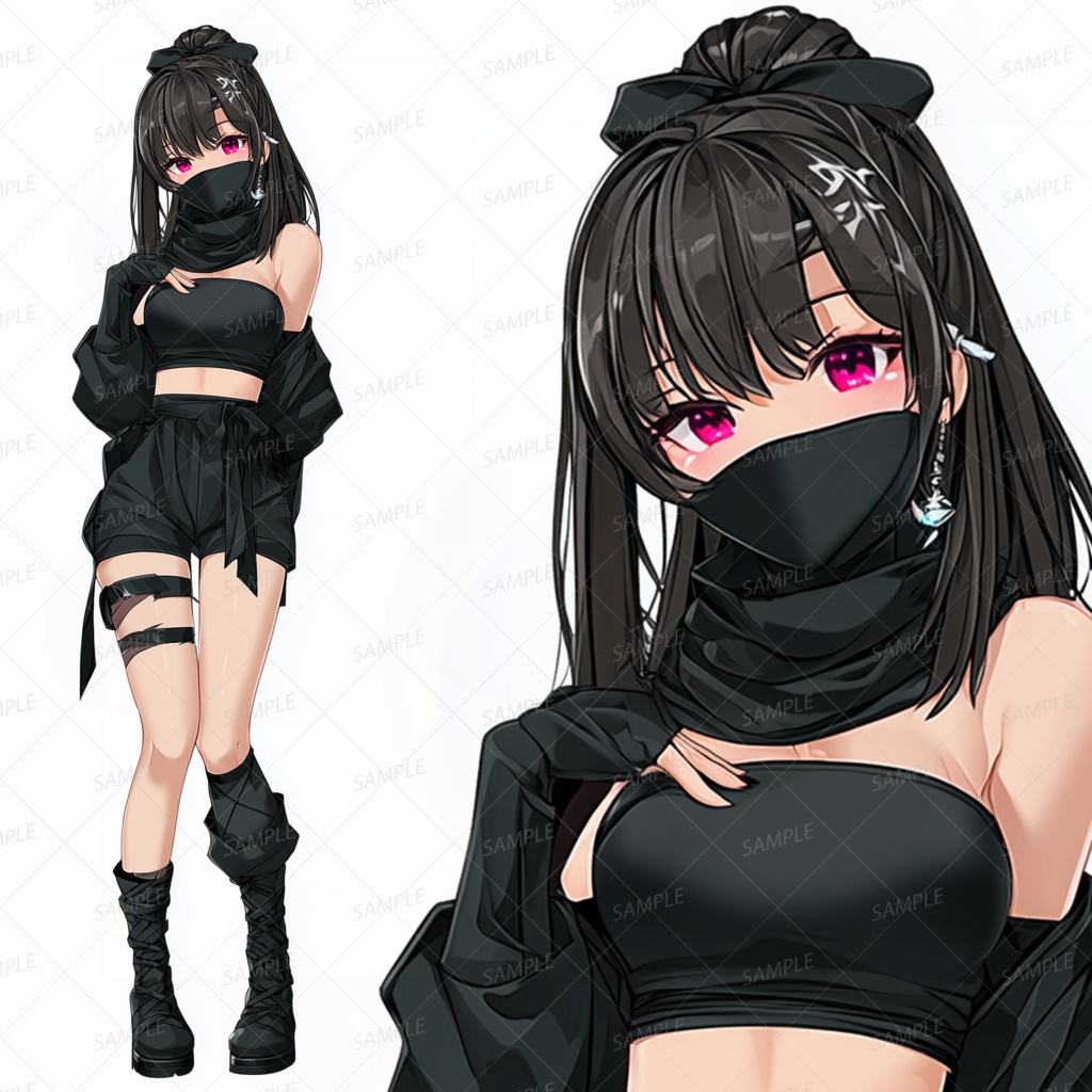 【和風】黒装束にマスクの赤い瞳のくノ一_立ち絵