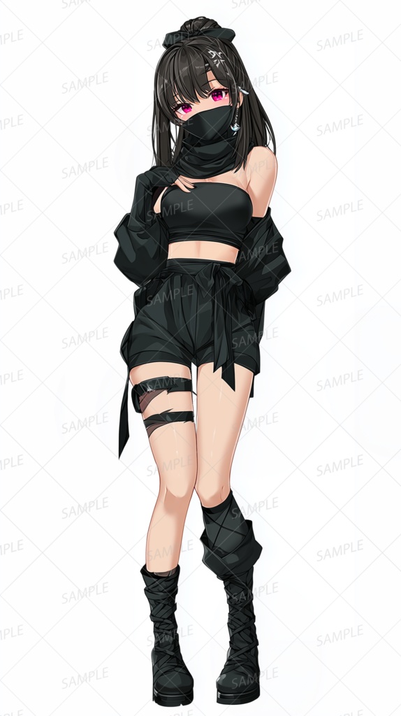 【和風】黒装束にマスクの赤い瞳のくノ一_立ち絵