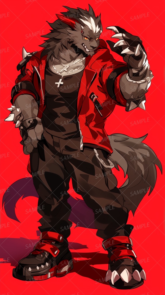 【獣人】鋭い爪を構える筋肉質な狼男_立ち絵