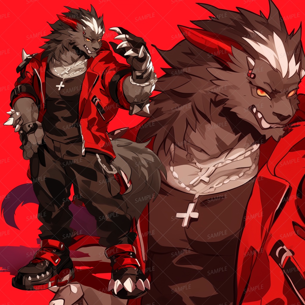 【獣人】鋭い爪を構える筋肉質な狼男_立ち絵