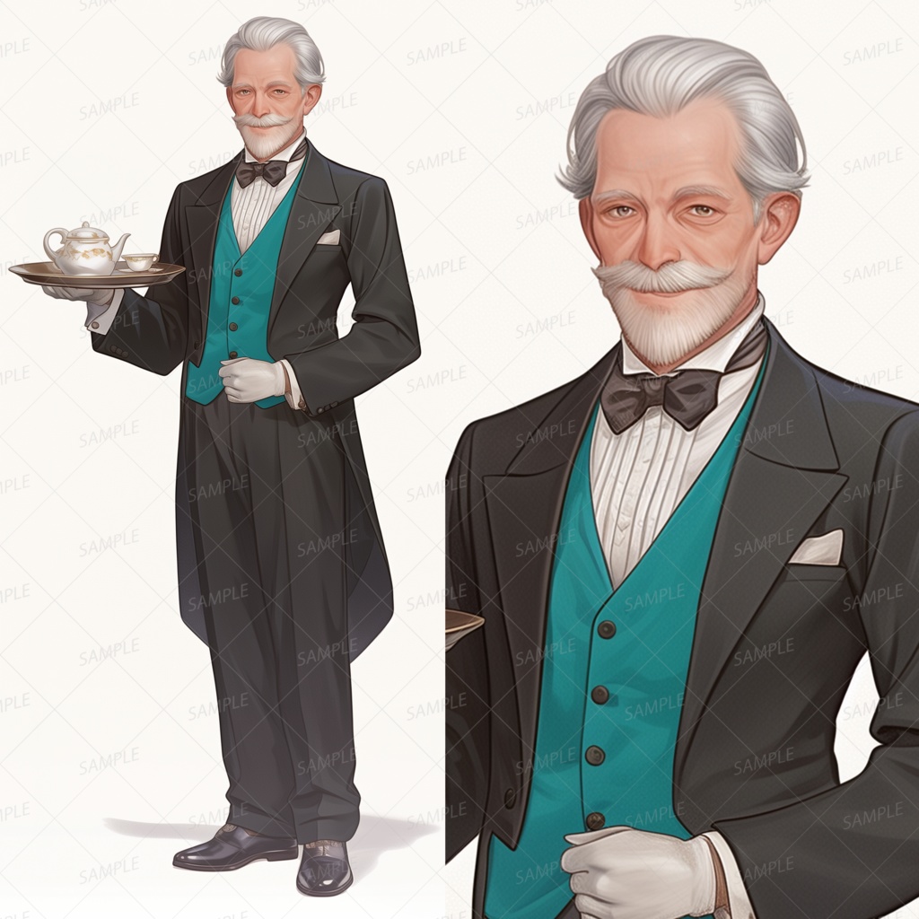 【ファンタジー】ティーセットを載せた銀髪の老執事_立ち絵