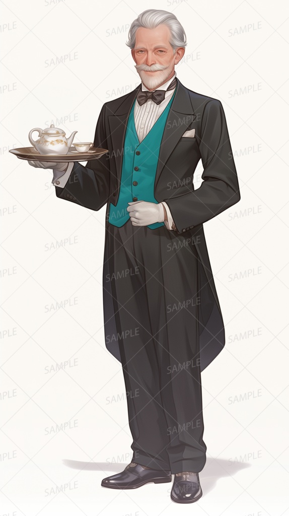【ファンタジー】ティーセットを載せた銀髪の老執事_立ち絵